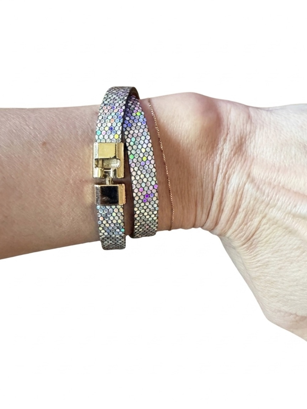 Leighelena Silver Glitter T-Bar Wrap Leather Bracelet